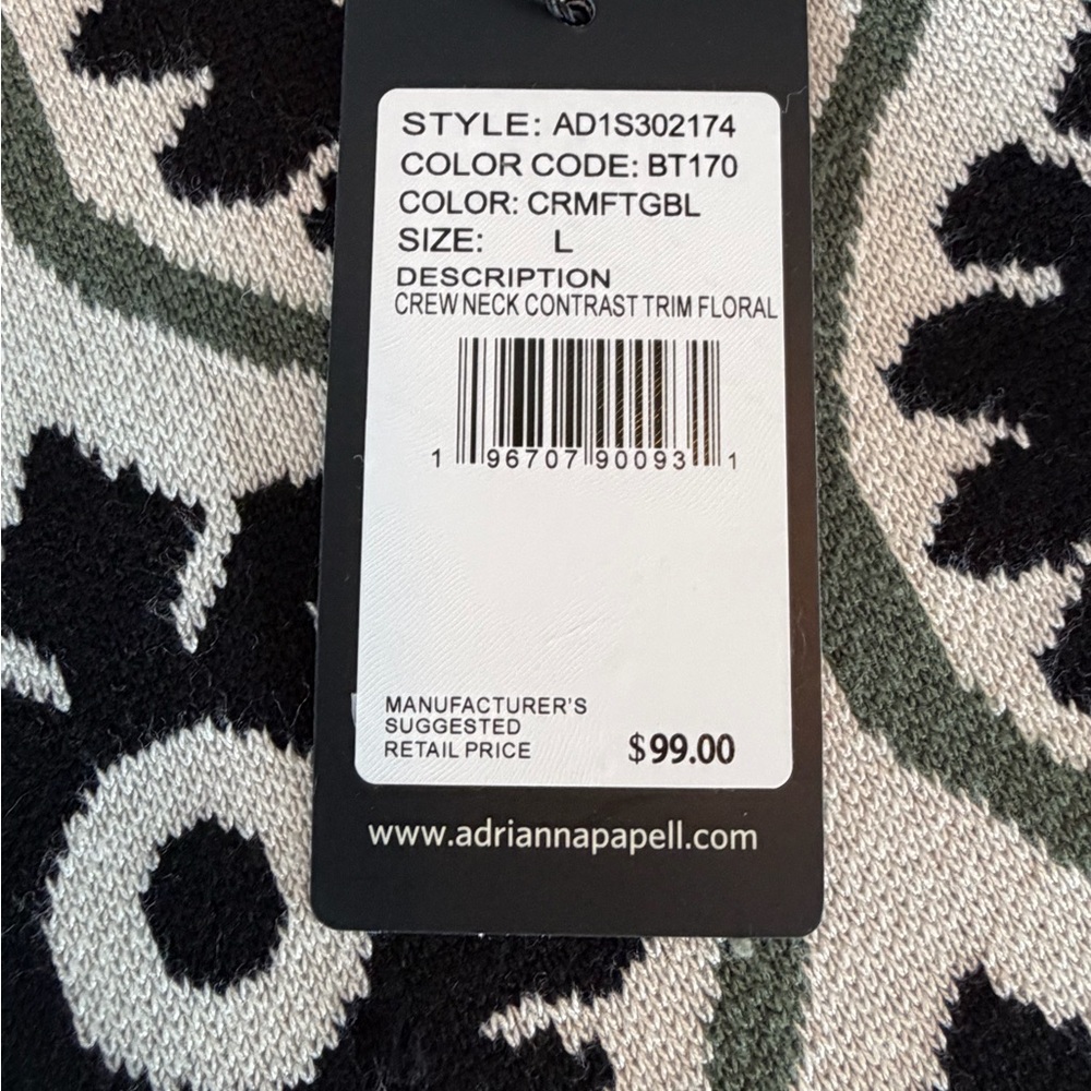 Adrianna Papell Cream Black Olive Floral Jacquard Sweater Crewneck Women L NEW - Picture 8 of 8
